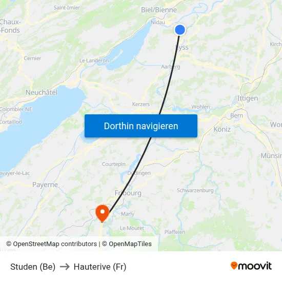 Studen (Be) to Hauterive (Fr) map