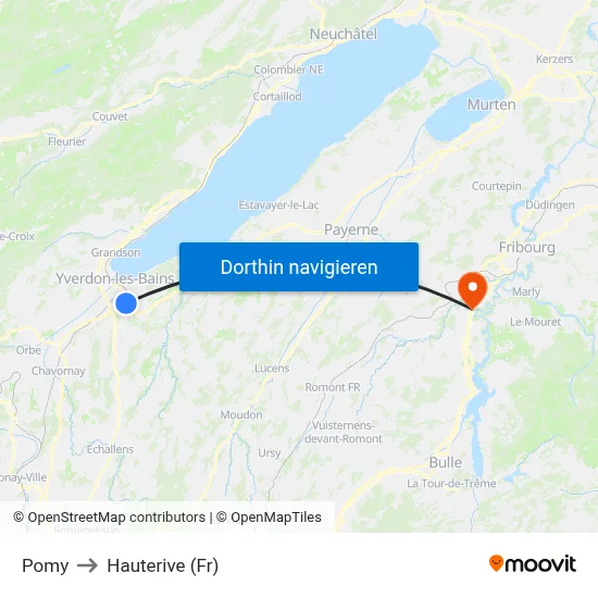 Pomy to Hauterive (Fr) map