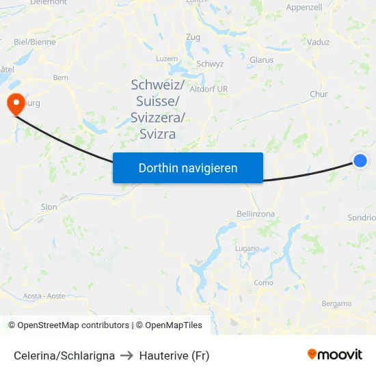 Celerina/Schlarigna to Hauterive (Fr) map