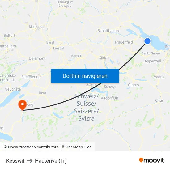 Kesswil to Hauterive (Fr) map