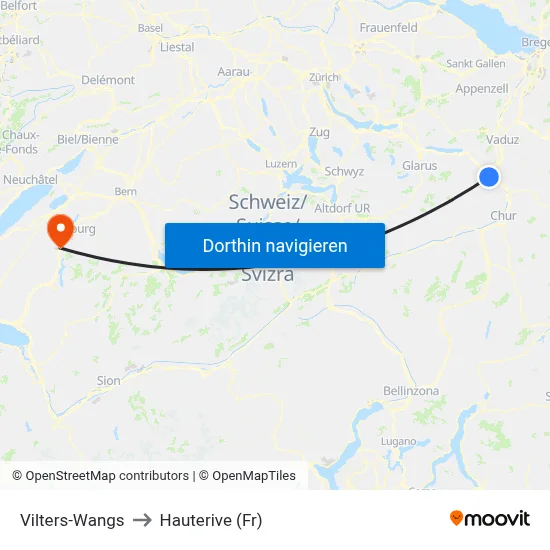 Vilters-Wangs to Hauterive (Fr) map