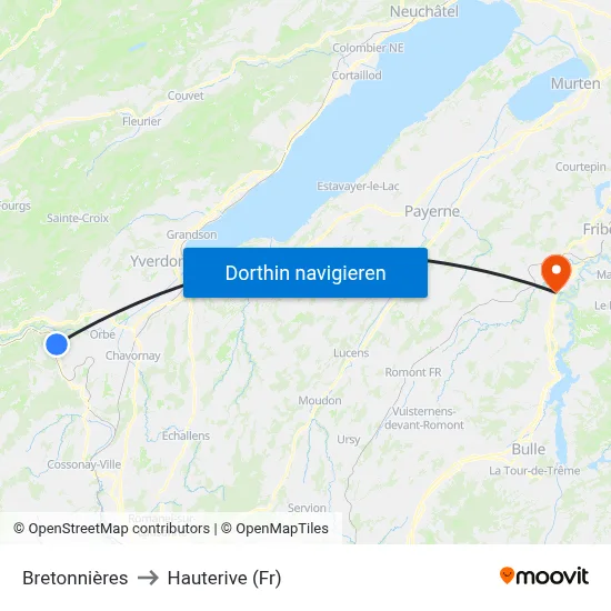 Bretonnières to Hauterive (Fr) map
