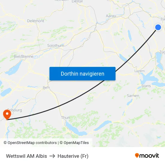 Wettswil AM Albis to Hauterive (Fr) map