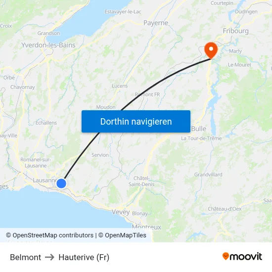 Belmont to Hauterive (Fr) map