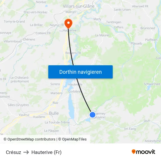 Crésuz to Hauterive (Fr) map