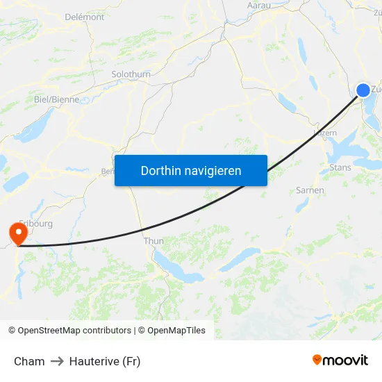 Cham to Hauterive (Fr) map