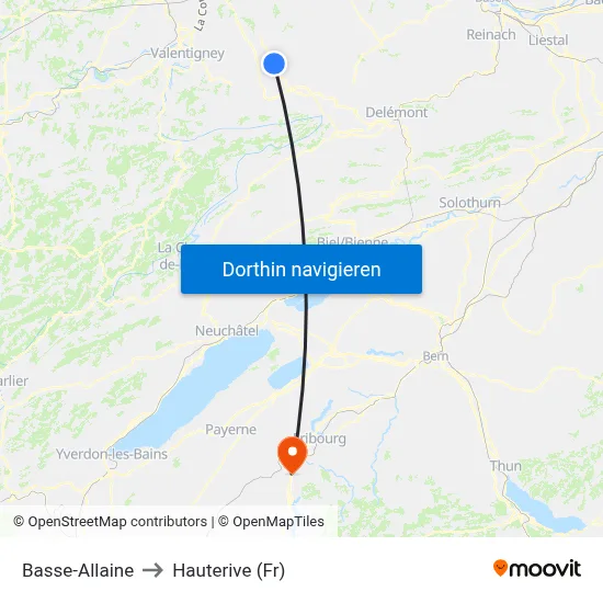 Basse-Allaine to Hauterive (Fr) map