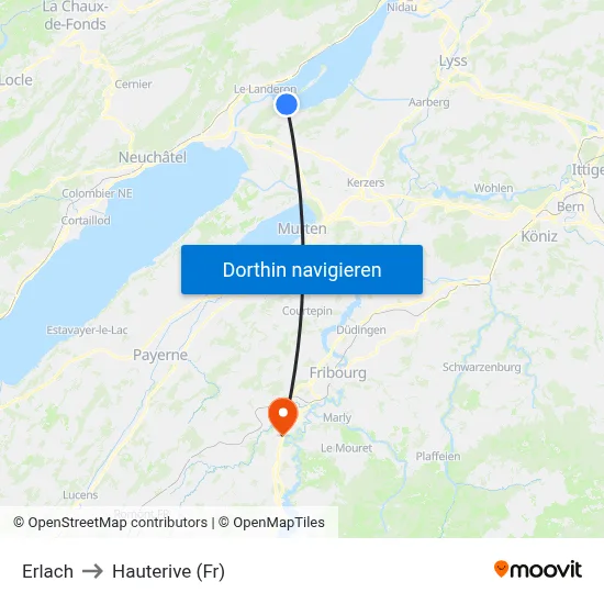 Erlach to Hauterive (Fr) map