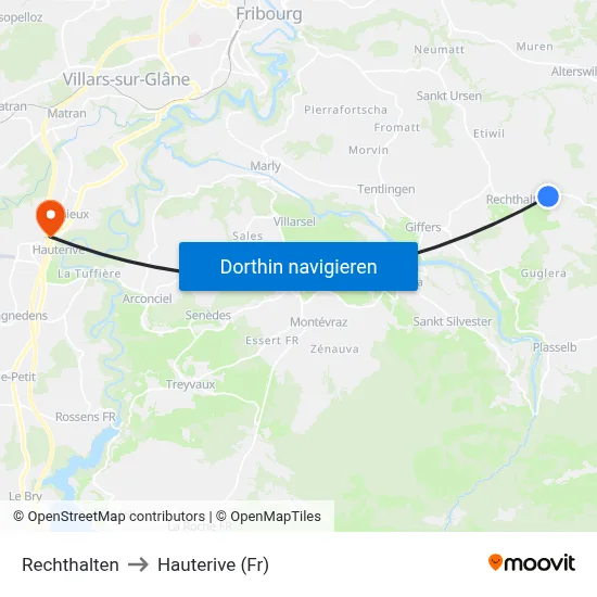 Rechthalten to Hauterive (Fr) map