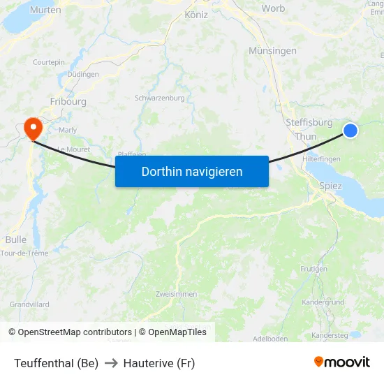 Teuffenthal (Be) to Hauterive (Fr) map