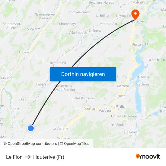 Le Flon to Hauterive (Fr) map