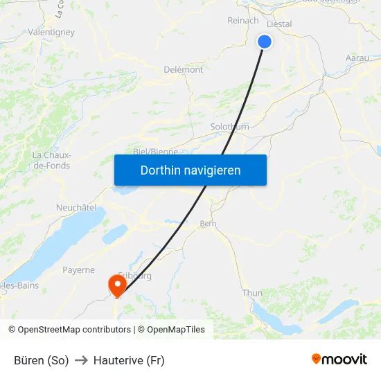 Büren (So) to Hauterive (Fr) map