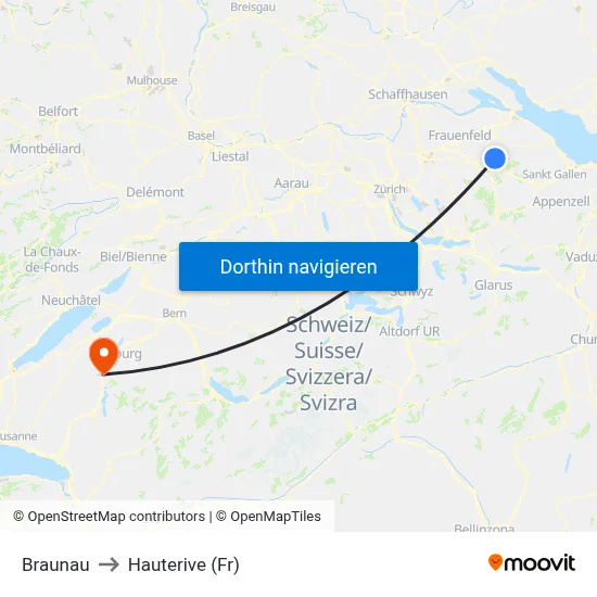 Braunau to Hauterive (Fr) map