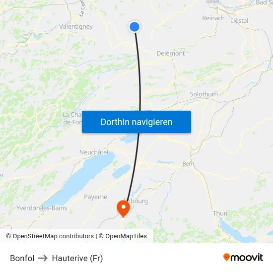 Bonfol to Hauterive (Fr) map