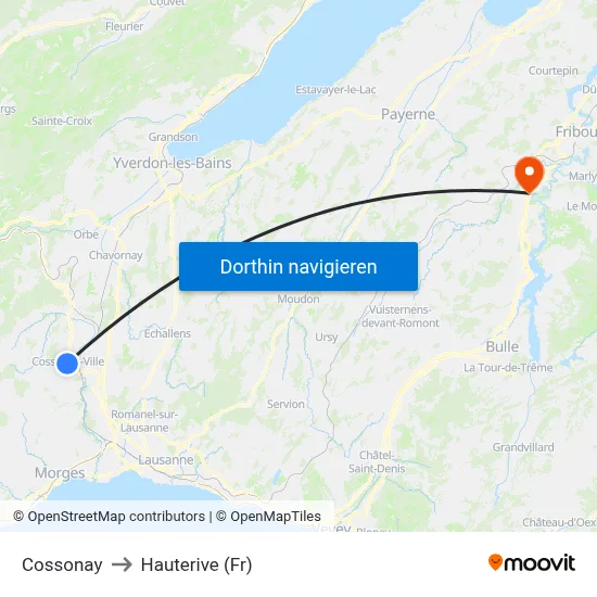 Cossonay to Hauterive (Fr) map