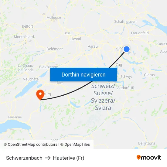 Schwerzenbach to Hauterive (Fr) map