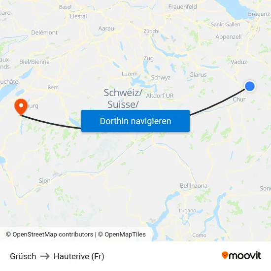 Grüsch to Hauterive (Fr) map