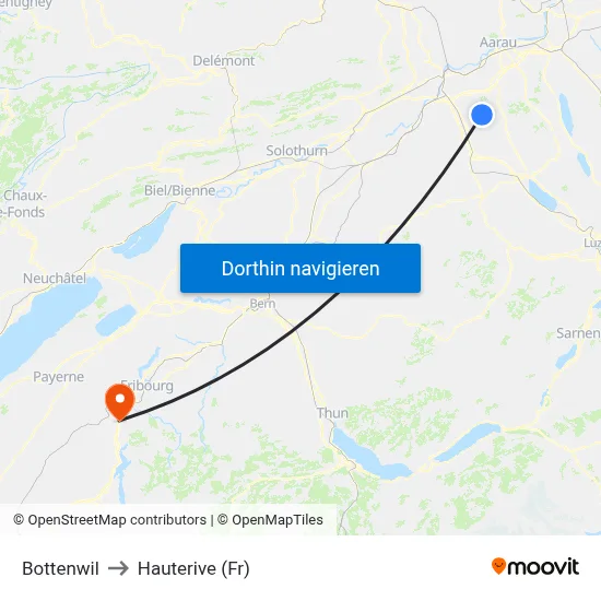 Bottenwil to Hauterive (Fr) map