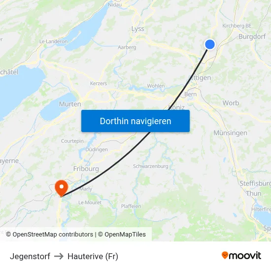Jegenstorf to Hauterive (Fr) map