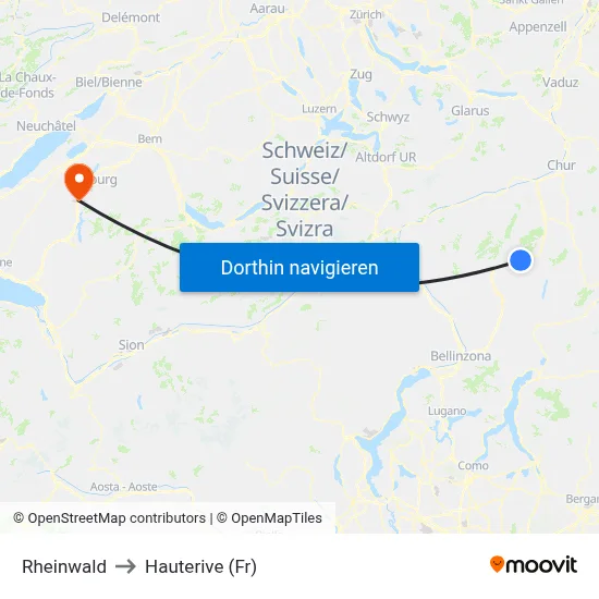 Rheinwald to Hauterive (Fr) map