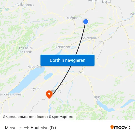 Mervelier to Hauterive (Fr) map
