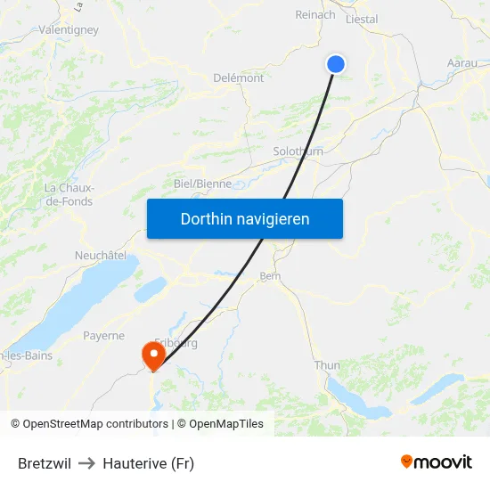 Bretzwil to Hauterive (Fr) map
