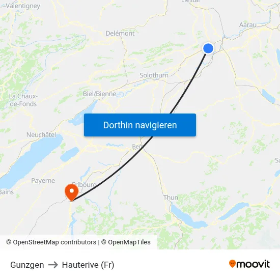 Gunzgen to Hauterive (Fr) map