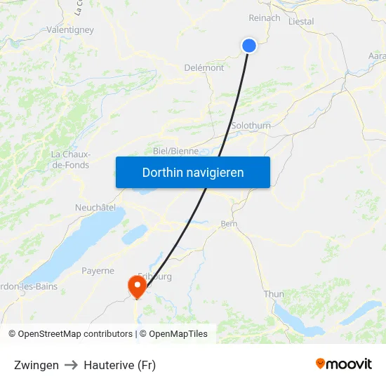 Zwingen to Hauterive (Fr) map