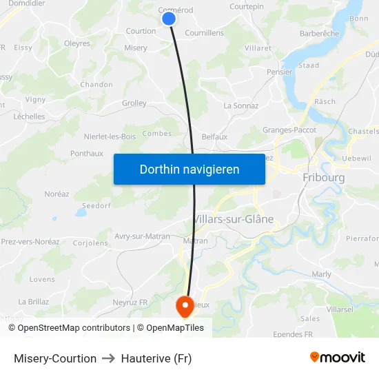 Misery-Courtion to Hauterive (Fr) map