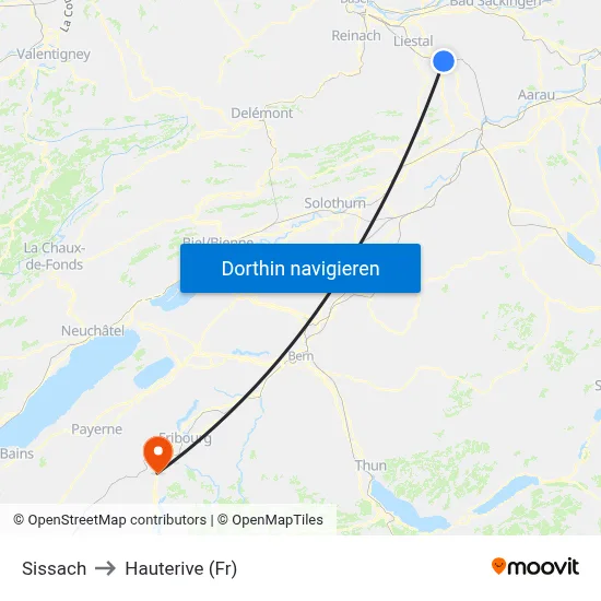 Sissach to Hauterive (Fr) map