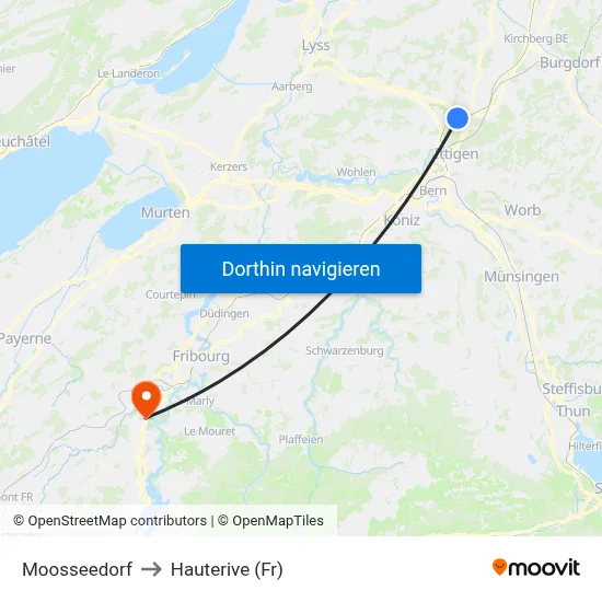 Moosseedorf to Hauterive (Fr) map