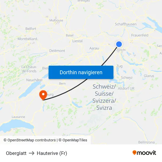 Oberglatt to Hauterive (Fr) map