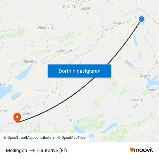 Mellingen to Hauterive (Fr) map