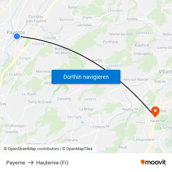 Payerne to Hauterive (Fr) map