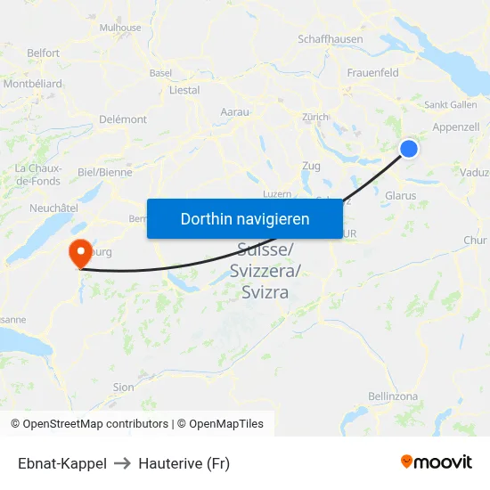Ebnat-Kappel to Hauterive (Fr) map