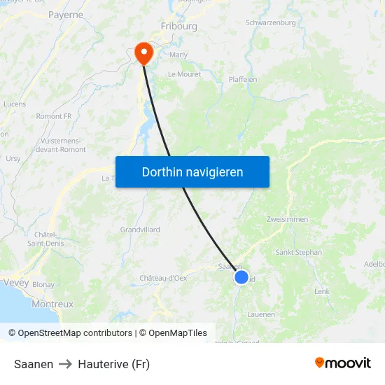 Saanen to Hauterive (Fr) map