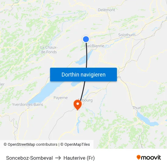 Sonceboz-Sombeval to Hauterive (Fr) map