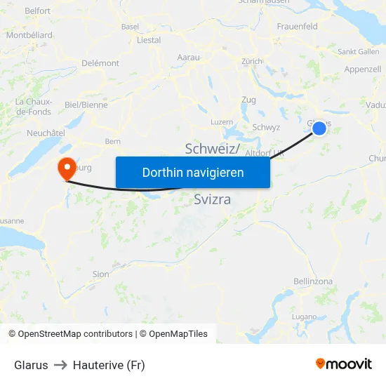 Glarus to Hauterive (Fr) map