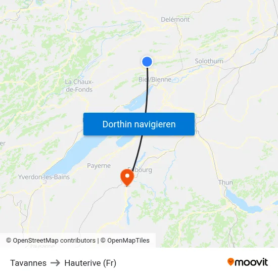 Tavannes to Hauterive (Fr) map