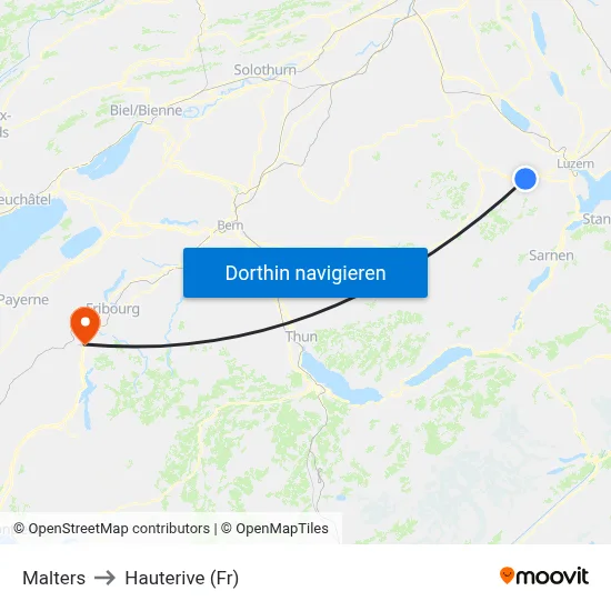 Malters to Hauterive (Fr) map