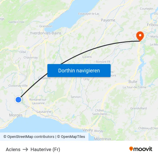 Aclens to Hauterive (Fr) map
