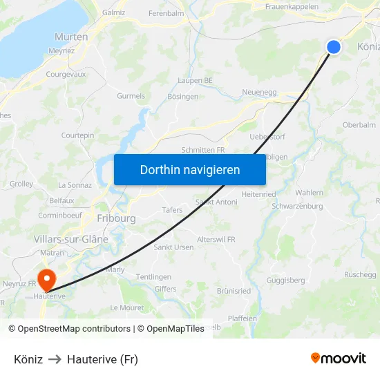 Köniz to Hauterive (Fr) map