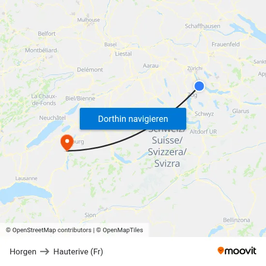 Horgen to Hauterive (Fr) map