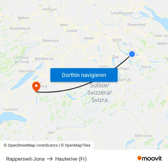 Rapperswil-Jona to Hauterive (Fr) map