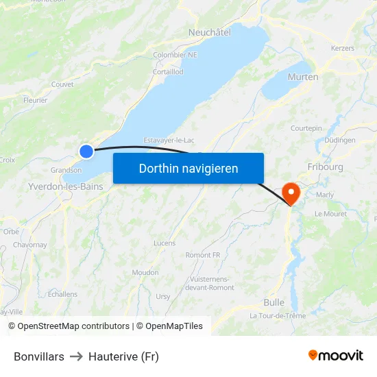Bonvillars to Hauterive (Fr) map