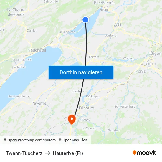 Twann-Tüscherz to Hauterive (Fr) map