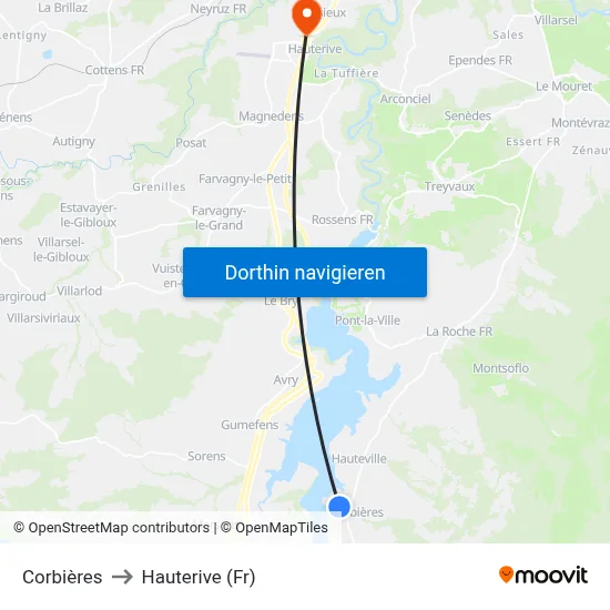 Corbières to Hauterive (Fr) map