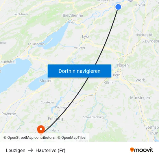 Leuzigen to Hauterive (Fr) map