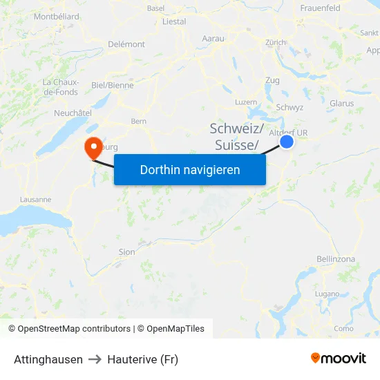 Attinghausen to Hauterive (Fr) map