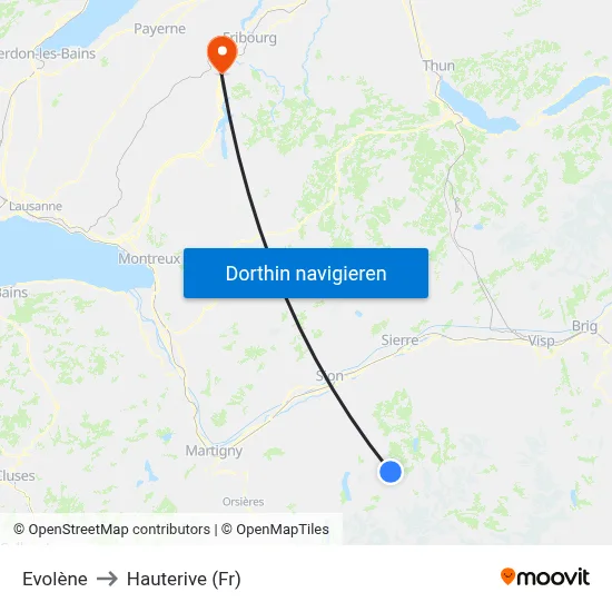 Evolène to Hauterive (Fr) map